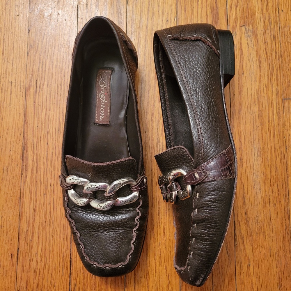 Brighton KLEE Brown Leather Chain Link Loafers Flat Shoes 6.5M Granola‎ Luxury